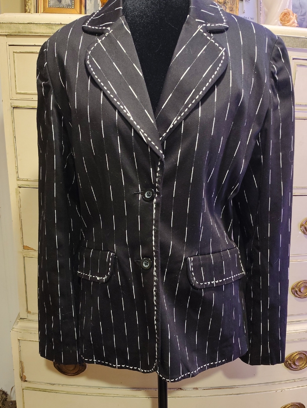 VINTAGE 80s Liz Claiborne Black Pinstripe Cotton Blazer with White Stitching